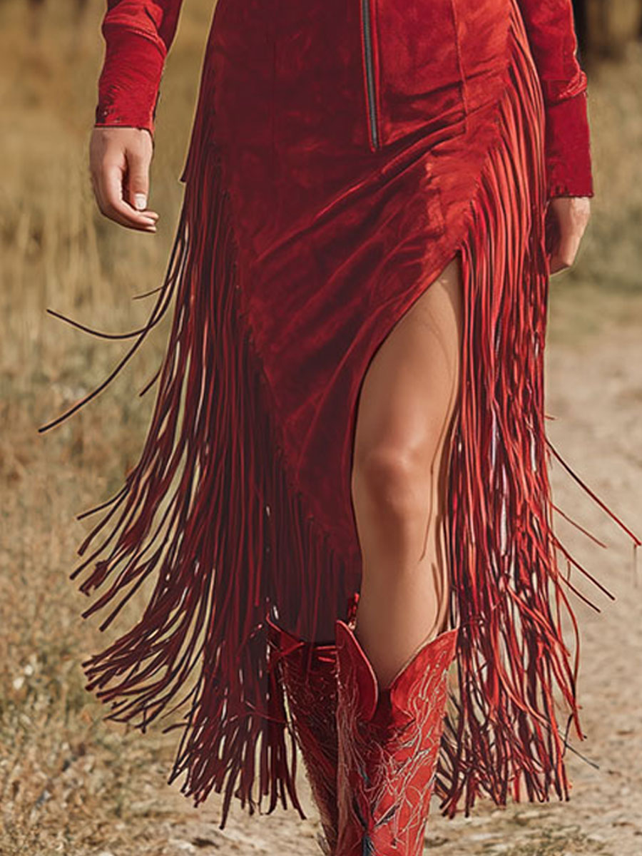 Isabella | Vintage Embroidered Red Midi Dress with Fringed Hem - Lumina 6