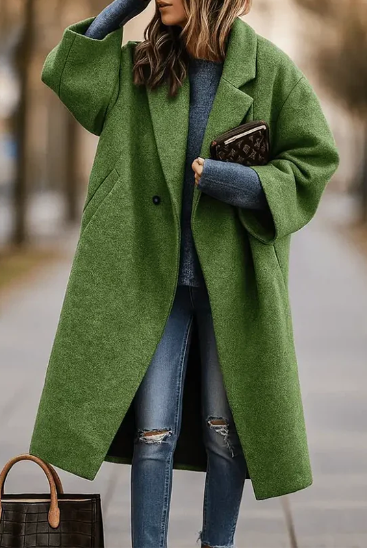 Multicolor long coat with wide collar and single-button closure by Lumina Wear, featuring a stylish and sleek design.