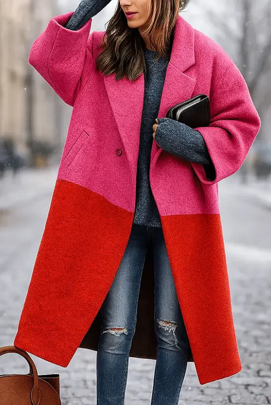 Lumina Wear Isabella multicolor long coat with wide collar and sleek single-button closure, stylish outerwear for women.