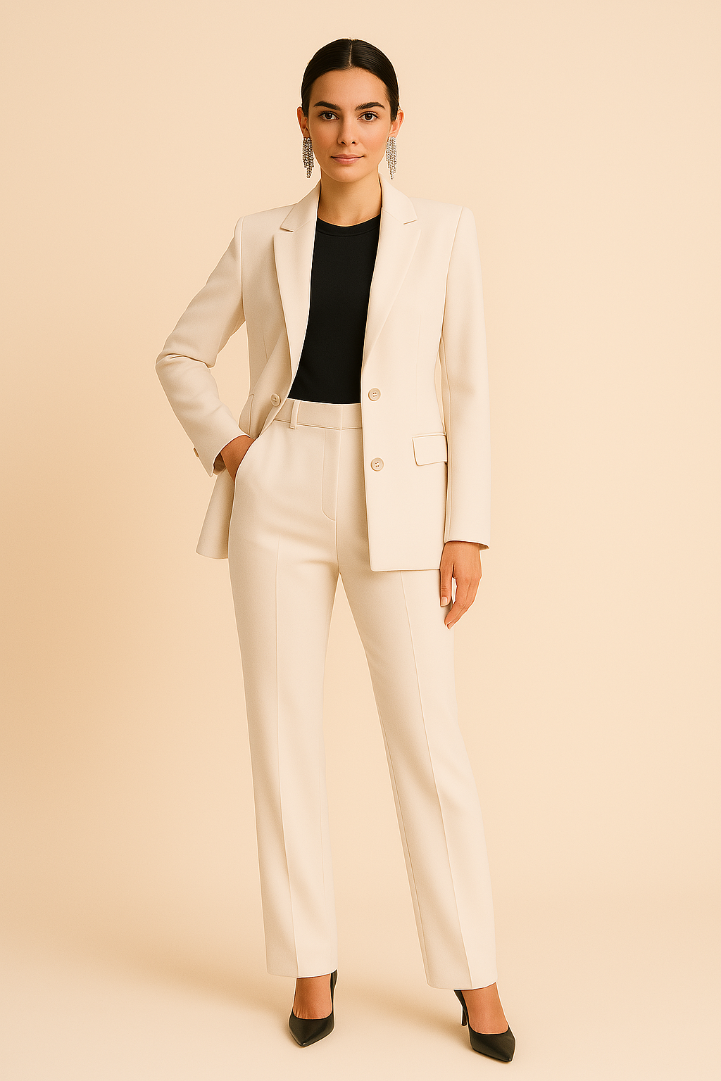 Jasmine women's tailored blazer and elegant pleated pants set by Lumina Wear, stylish professional outfit for women.