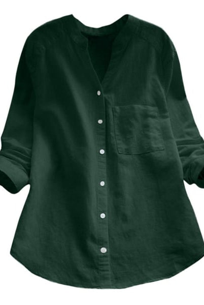 Light blue Jessica relaxed fit button blouse by Lumina Wear, featuring a timeless design and classic collar details.