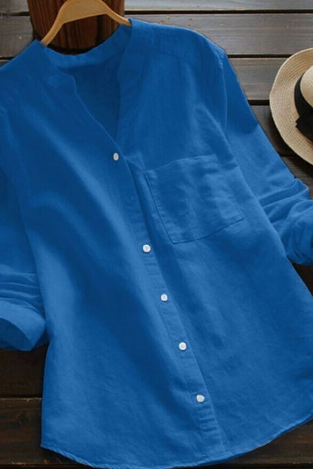 Jessica Lumina Wear relaxed fit button blouse with timeless design, shown in a casual, elegant style.