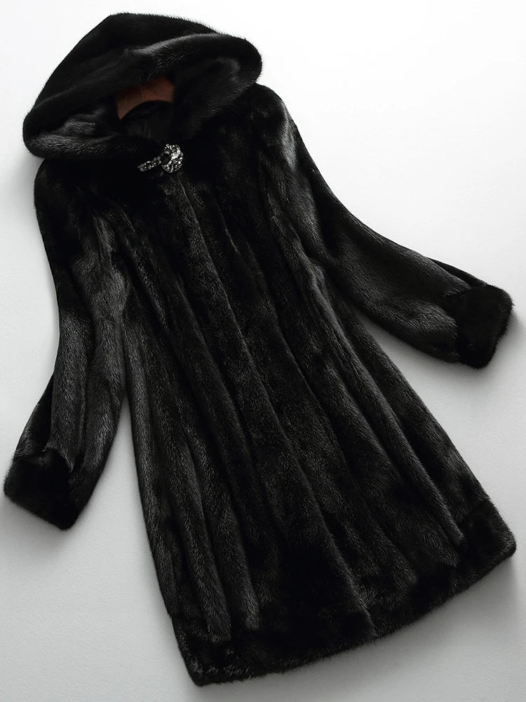 Lumina Wear Kensington elegant long faux fur winter coat with hood, stylish and warm outerwear for cold weather.
