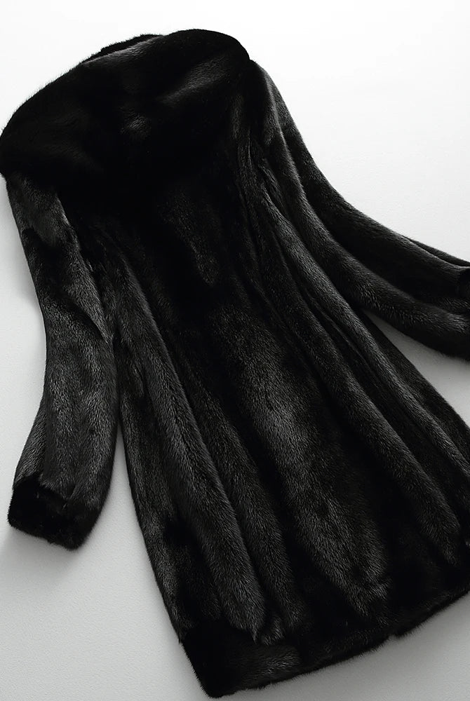 Lumina Wear Kensington elegant long faux fur winter coat with hood, featuring plush fur trim and cozy design.
