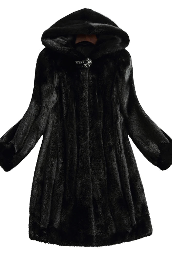 Lumina Wear Kensington elegant long faux fur winter coat with hood, stylish and warm for cold weather fashion.