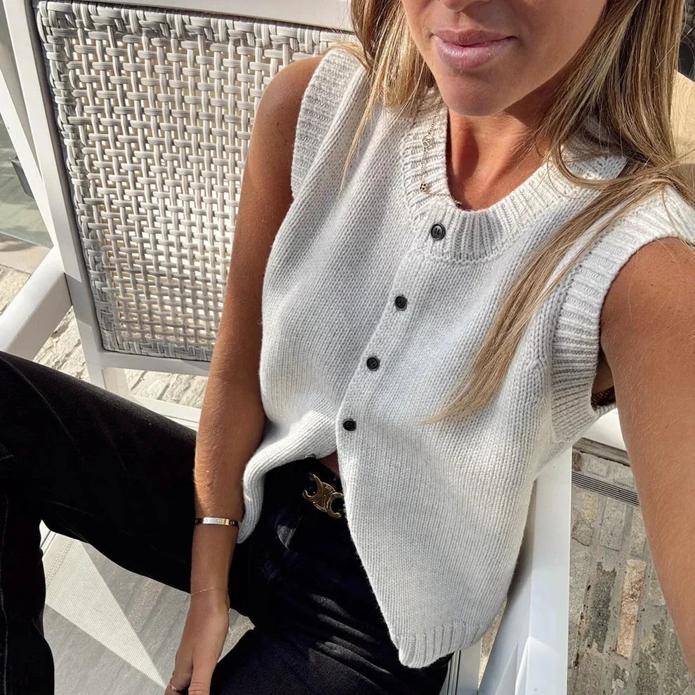 Kylie Lumina relaxed button-front knitted vest with rolled-edge detail, casual sleeveless knitwear for layered styling.