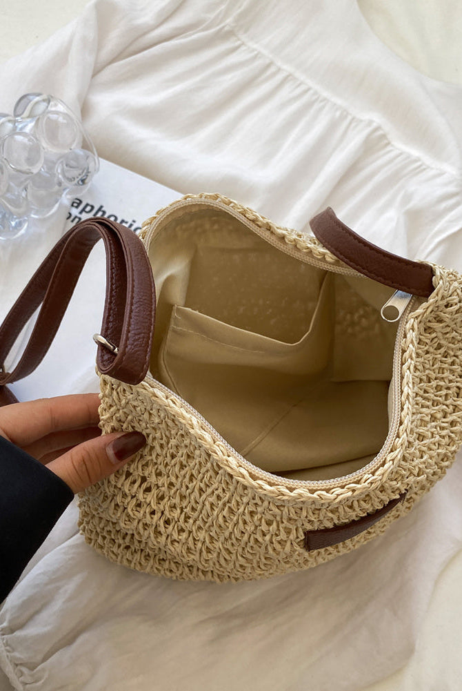 Léandre | Chic Beige Straw Shoulder Bag with Vegan Leather Accents - Lumina 5
