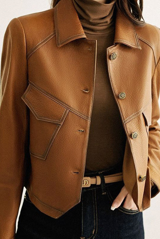 Lucille oversized cropped faux leather jacket with button closure from Lumina Wear, featuring a stylish, contemporary design.