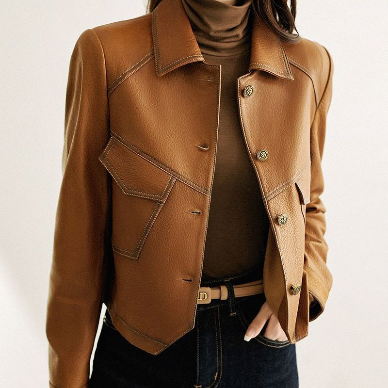Lucille oversized cropped faux leather jacket with button closure from Lumina Wear, featuring a stylish, contemporary design.