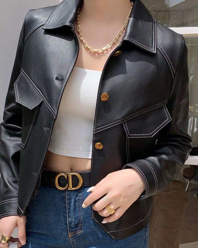 Cropped oversized faux leather jacket with button closure from Lumina Wear, featuring a stylish, modern design.