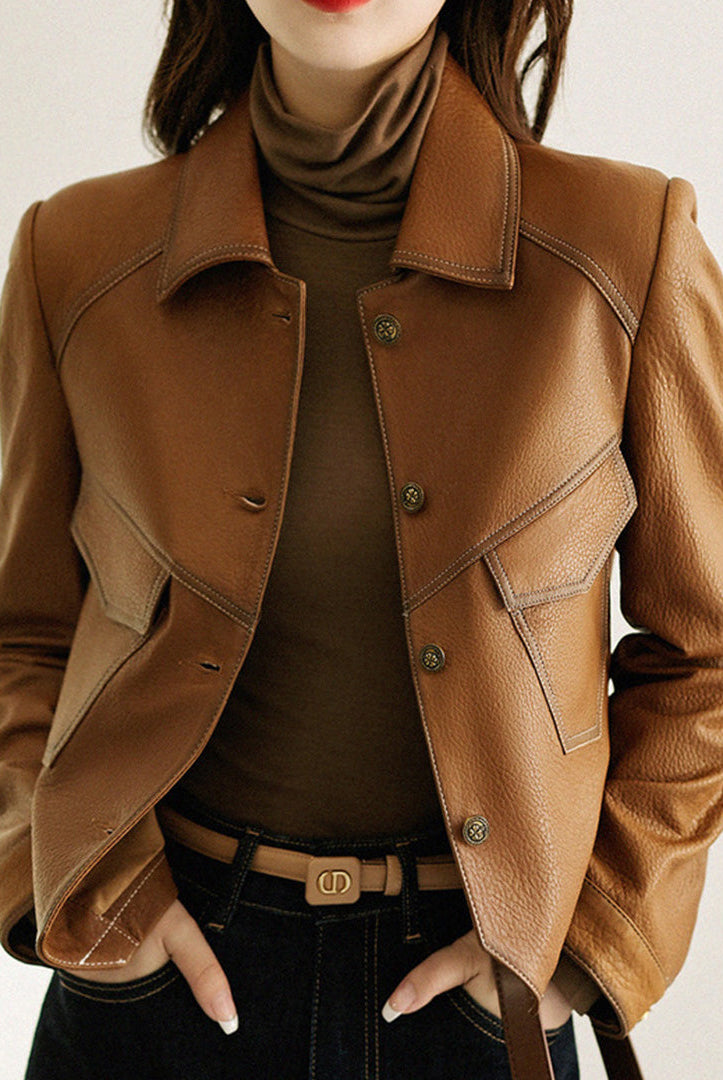 Lucille oversized cropped faux leather jacket by Lumina Wear with button closure, stylish and trendy fashion outerwear.