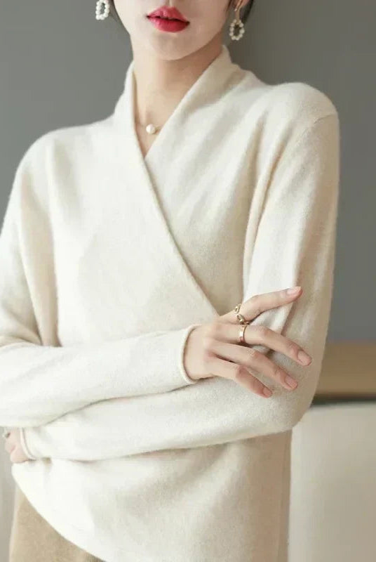 Lightweight knit top for women with wrap neck design from Lumina Wear, featuring a stylish and modern fit.