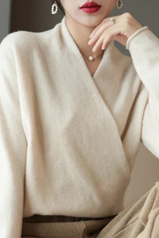 Lightweight knit top for women featuring a stylish wrap neck design from Lumina Wear's Mabel collection.