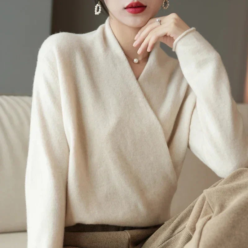 Lightweight knit top for women featuring a stylish wrap neck design from Lumina Wear's Mabel collection.