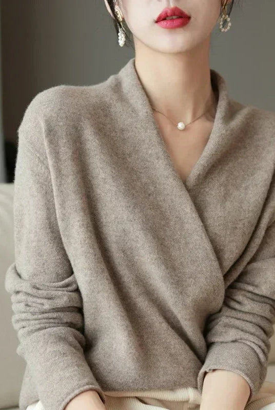 Lightweight knit top with wrap neck from Lumina Wear, styled on a woman, showcasing a fashionable, casual women's top.