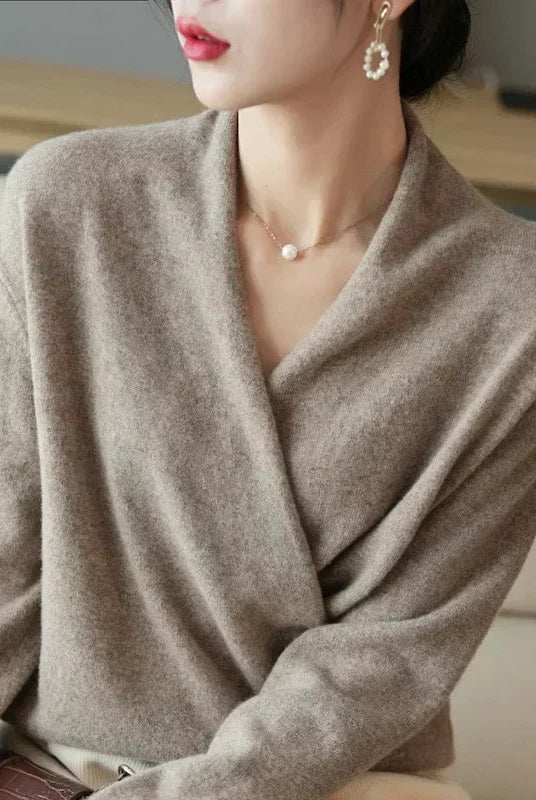 Lumina Wear Mabel lightweight knit top with wrap neck, stylish women's top in soft fabric, shown on a model.