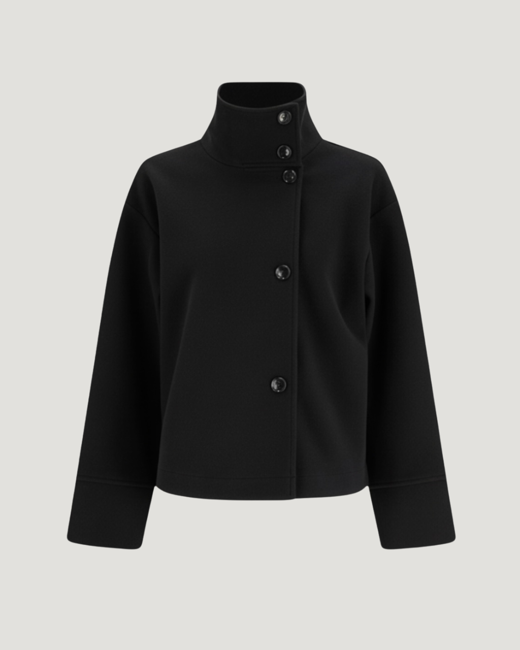 Structured high-neck cropped jacket with button closure by Lumina Wear, featuring a tailored fit and modern design.