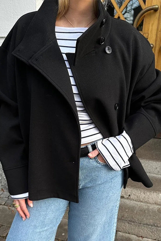 Lumina Wear Martha structured high-neck cropped jacket with button closure, stylish and tailored for a modern look.