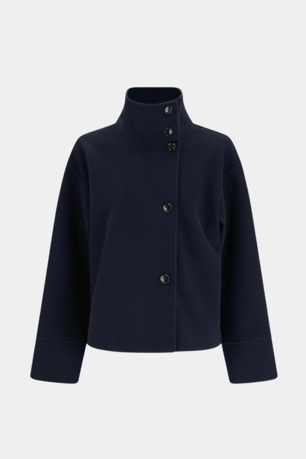 Lumina Wear Martha high-neck cropped jacket with structured design and button closure, shown in a stylish fashion image.