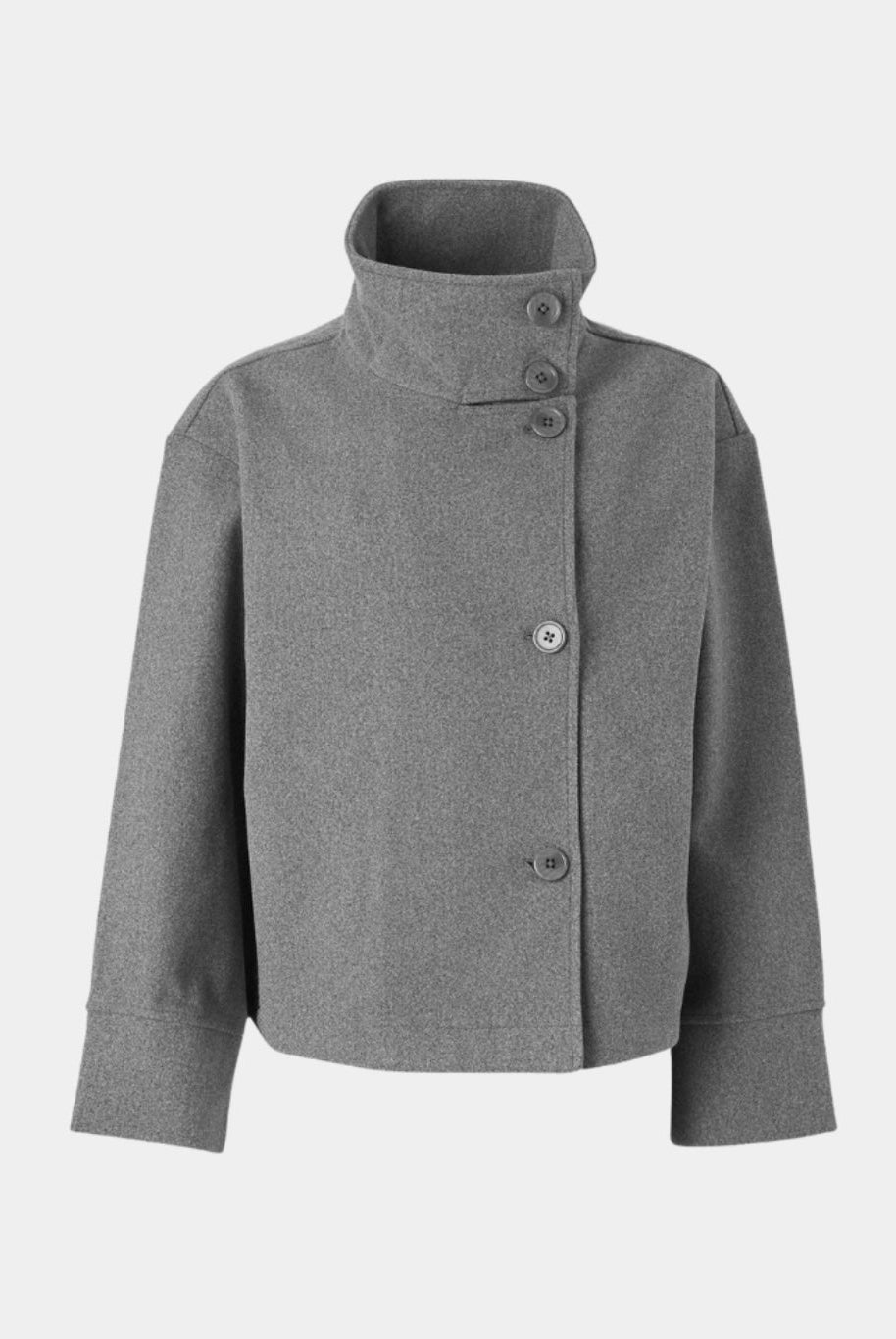 Lumina Wear Martha structured high-neck cropped jacket with button closure, showcasing a tailored design and modern silhouette.