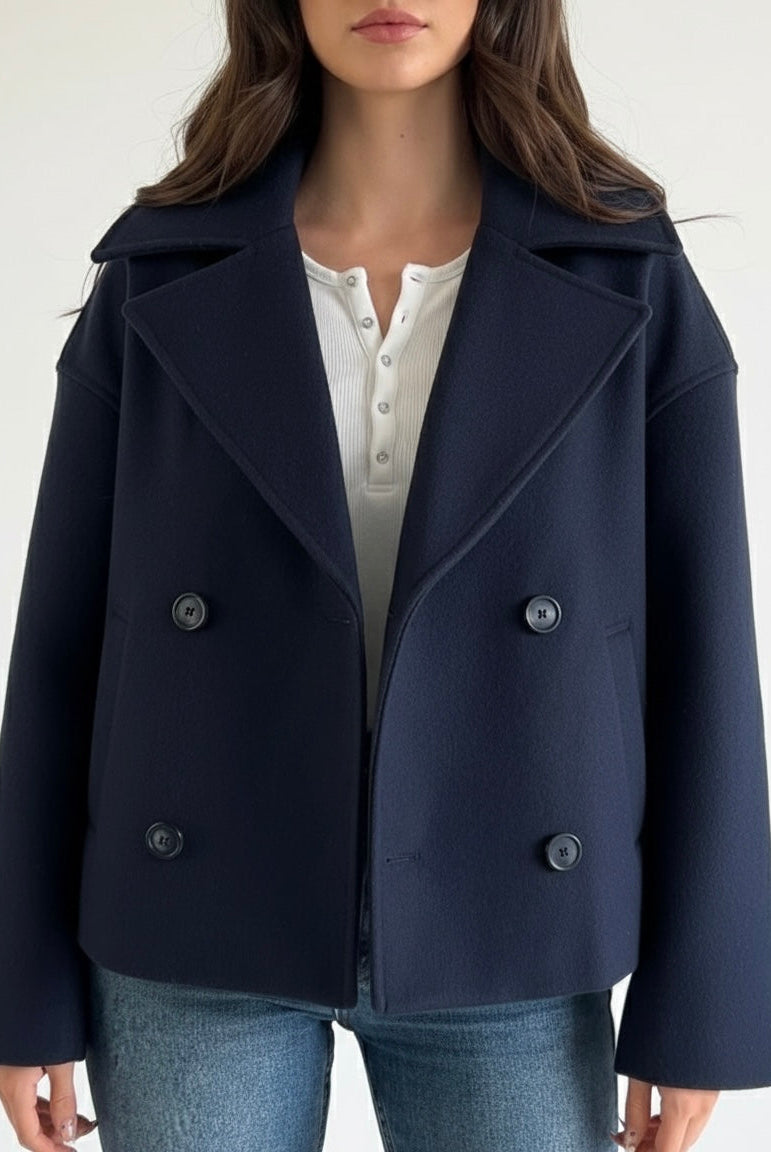 Lumina Wear Maya cropped double-breasted trench coat with structured shoulders, stylish and tailored for a polished look.