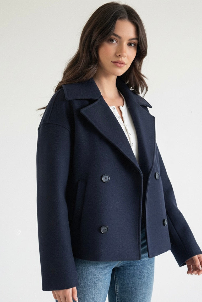 Cropped double-breasted trench coat with structured shoulders from Lumina Wear, in a stylish and modern design.