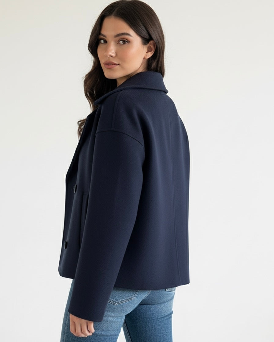 Lumina Wear Maya cropped double-breasted trench coat with structured shoulders, stylish and tailored for a modern look.