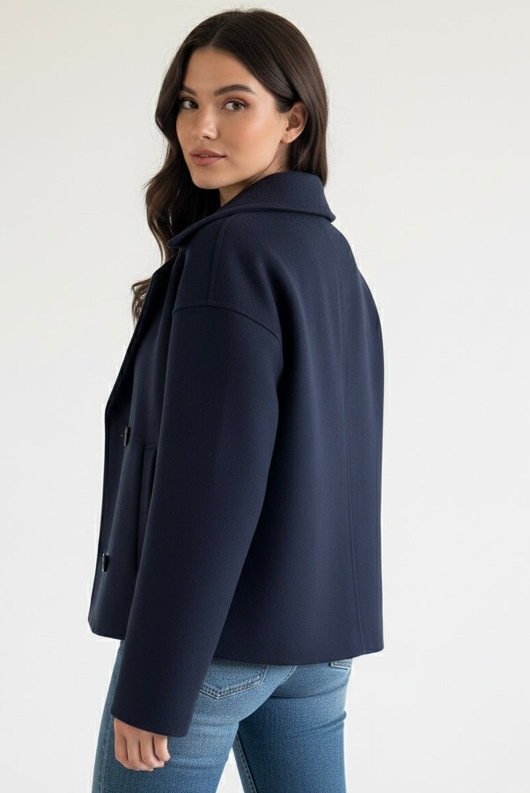 Lumina Wear Maya cropped double-breasted trench coat with structured shoulders, stylish outerwear for a sophisticated look.