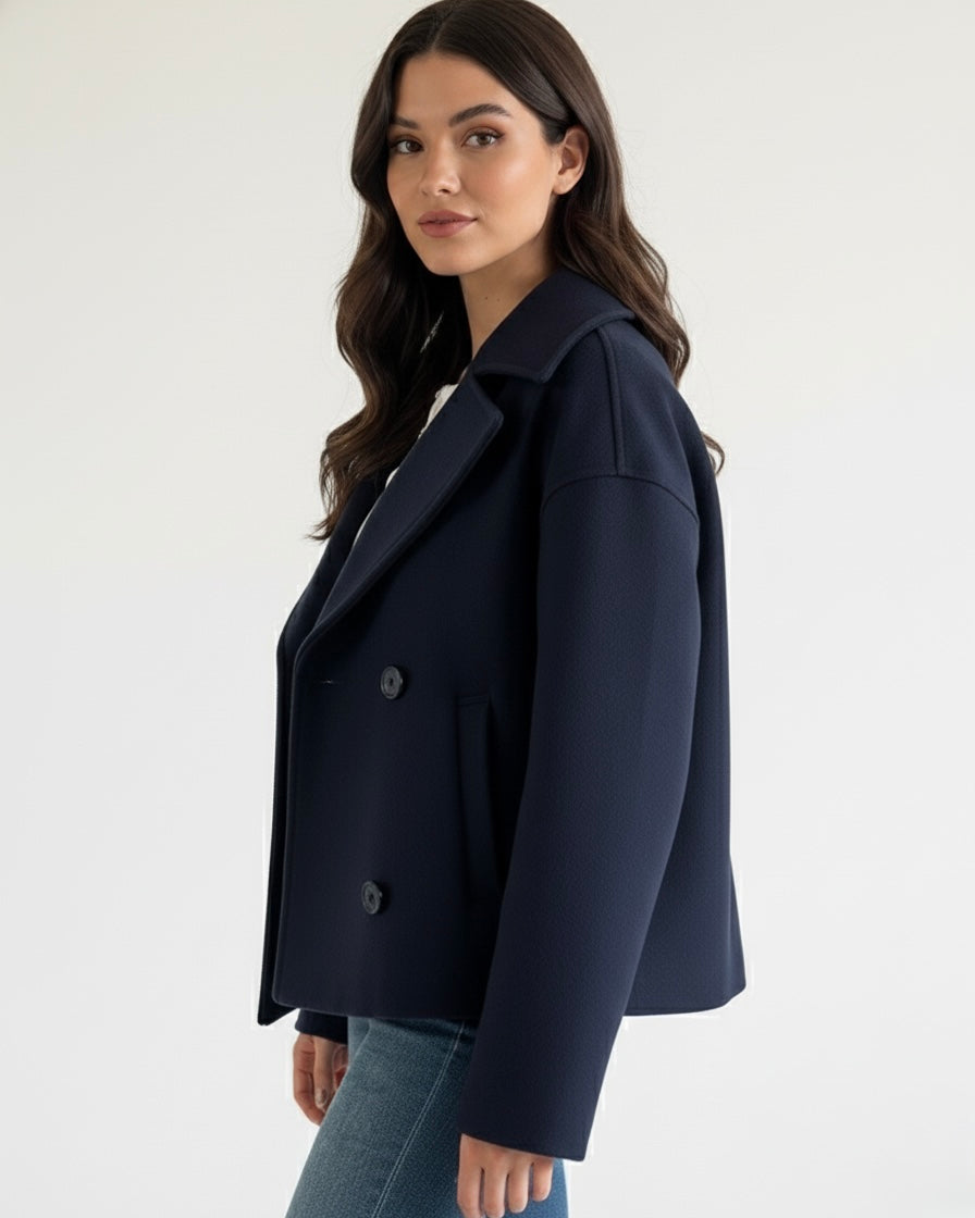 Lumina Wear Maya cropped double-breasted trench coat with structured shoulders, stylish and tailored for a modern look.