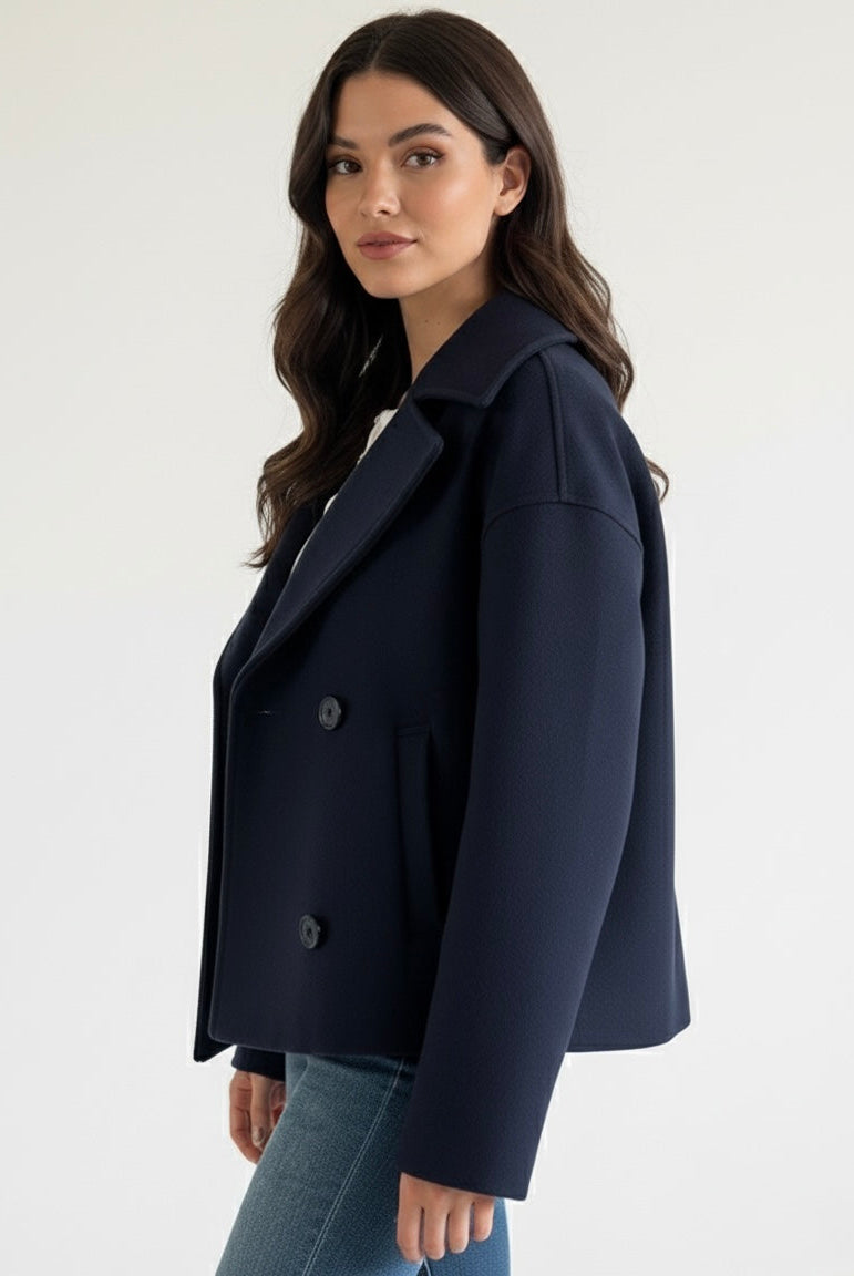 Lumina Wear Maya cropped double-breasted trench coat with structured shoulders, stylish and tailored for a polished look.