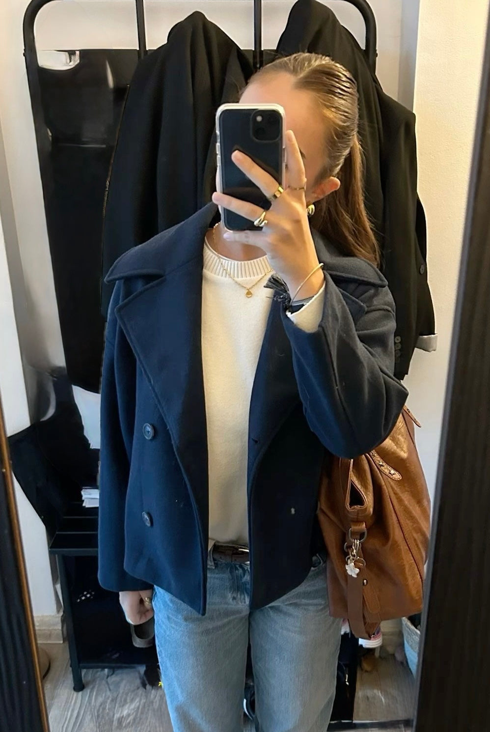 Maya Lumina cropped double-breasted trench coat with structured shoulders, stylish and tailored for a modern look.