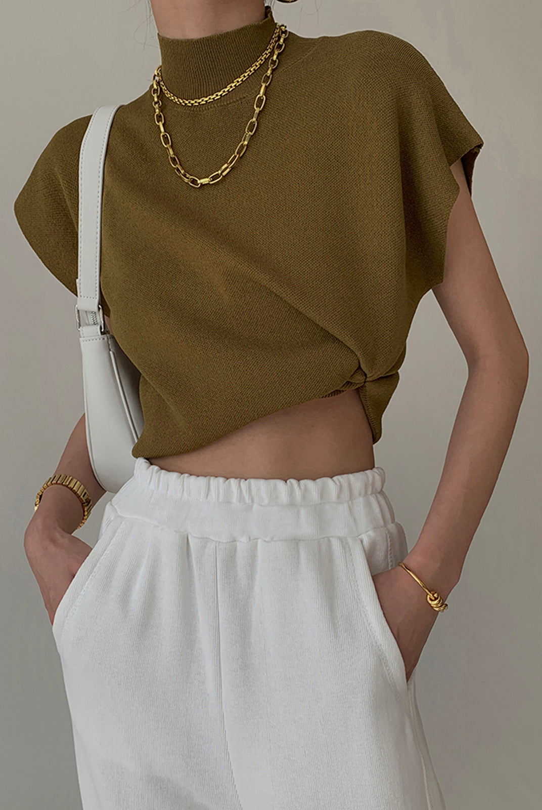 Lumina Wear Michelle modern mock neck casual top with tailored fit, shown in a close-up of the shirt's fabric and neckline.
