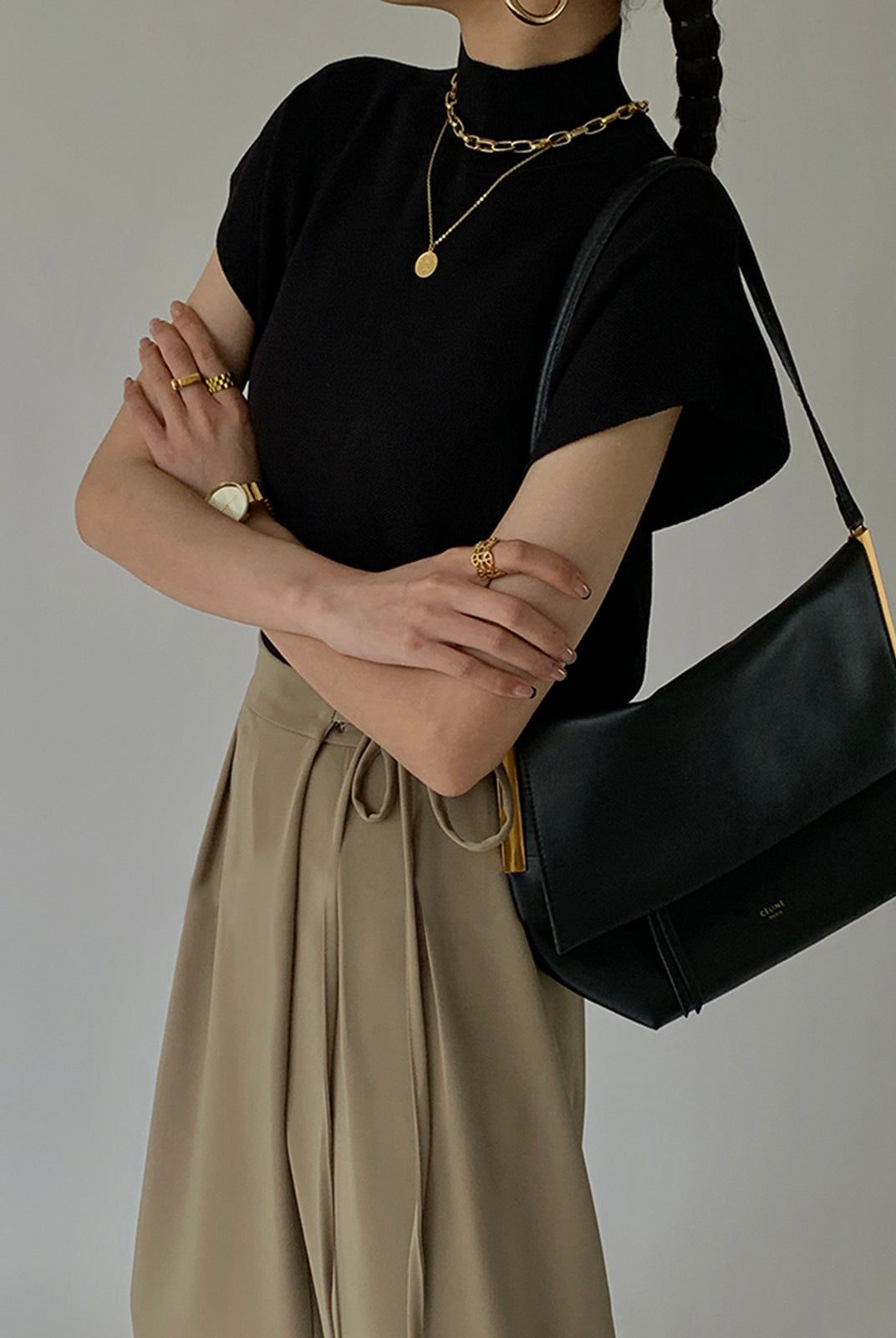 Lumina Wear Michelle modern mock neck casual top with tailored fit, shown in a close-up view of the shirt's neckline and fabric detail.