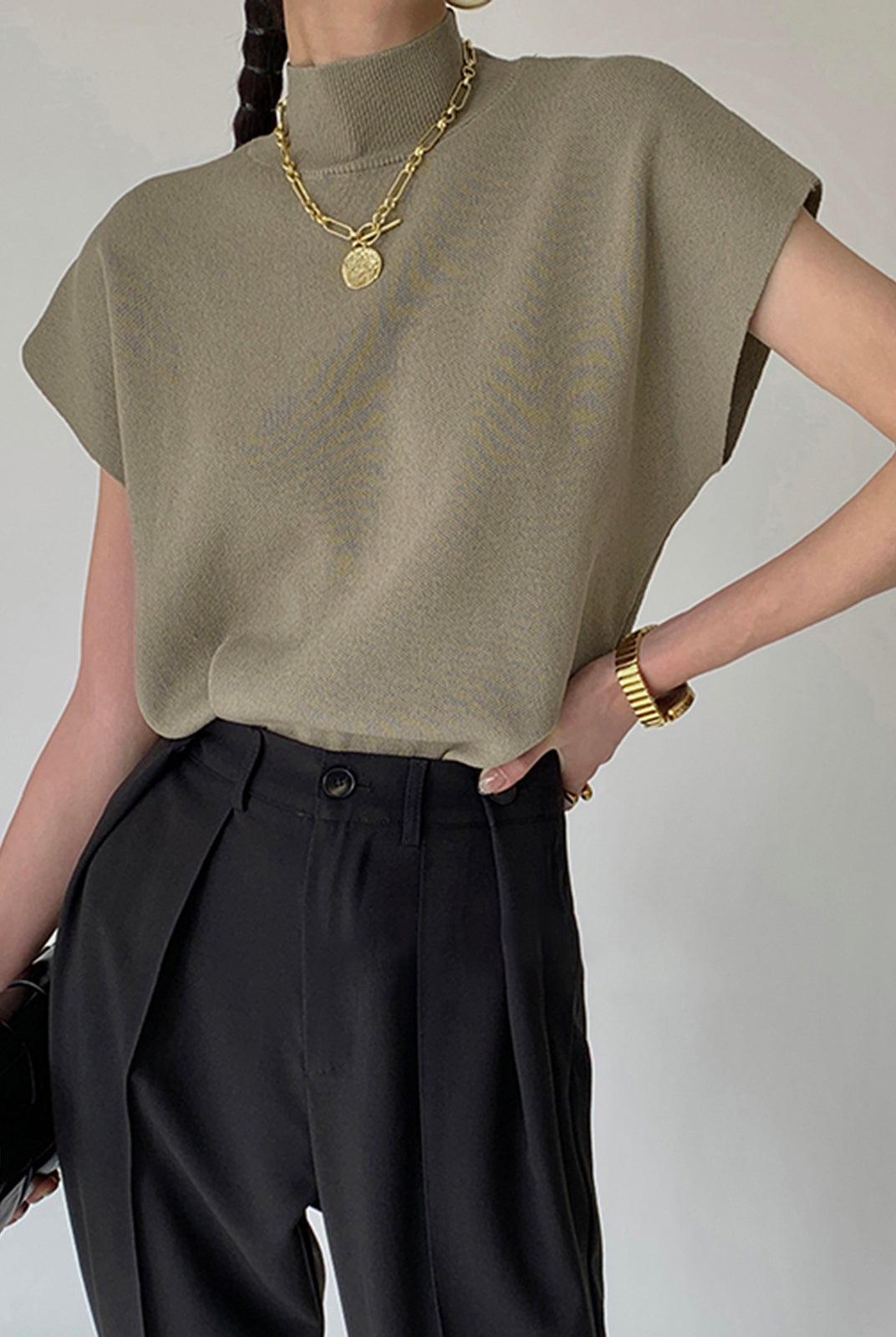 Light grey Michelle modern mock neck casual top with tailored fit from Lumina Wear shown on a model.