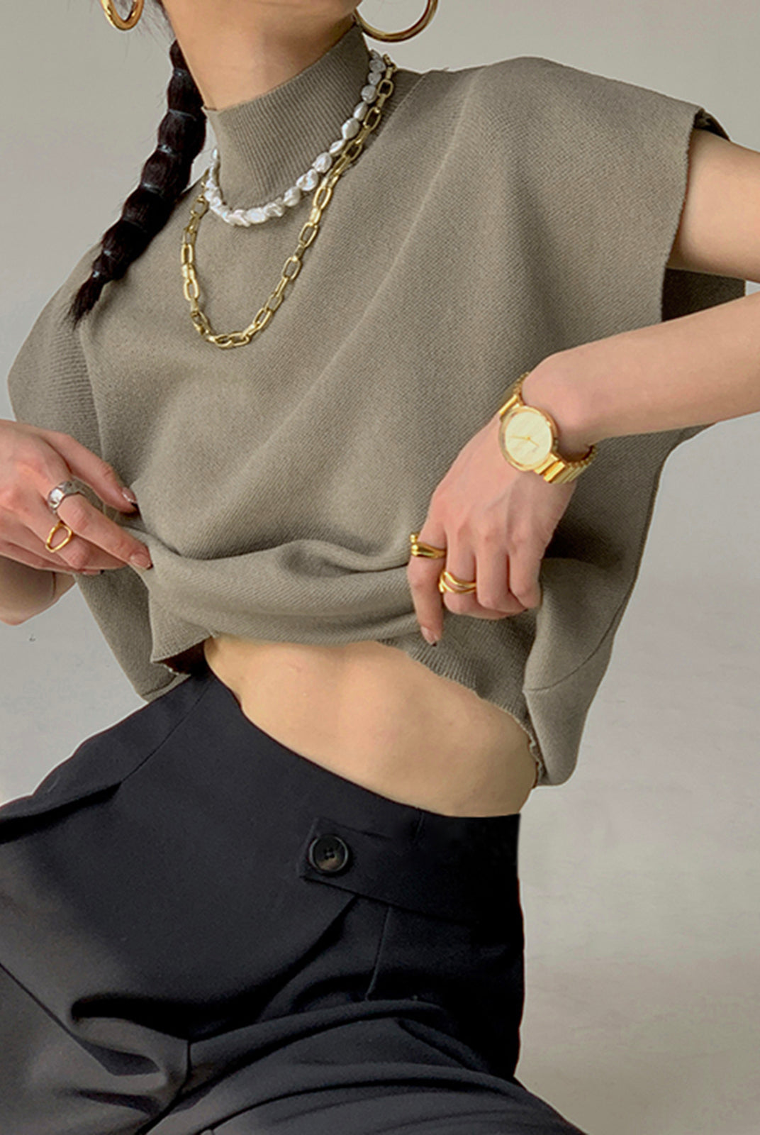 Lumina Wear Michelle modern mock neck casual top with tailored fit, displayed on a hanger in a neutral setting.
