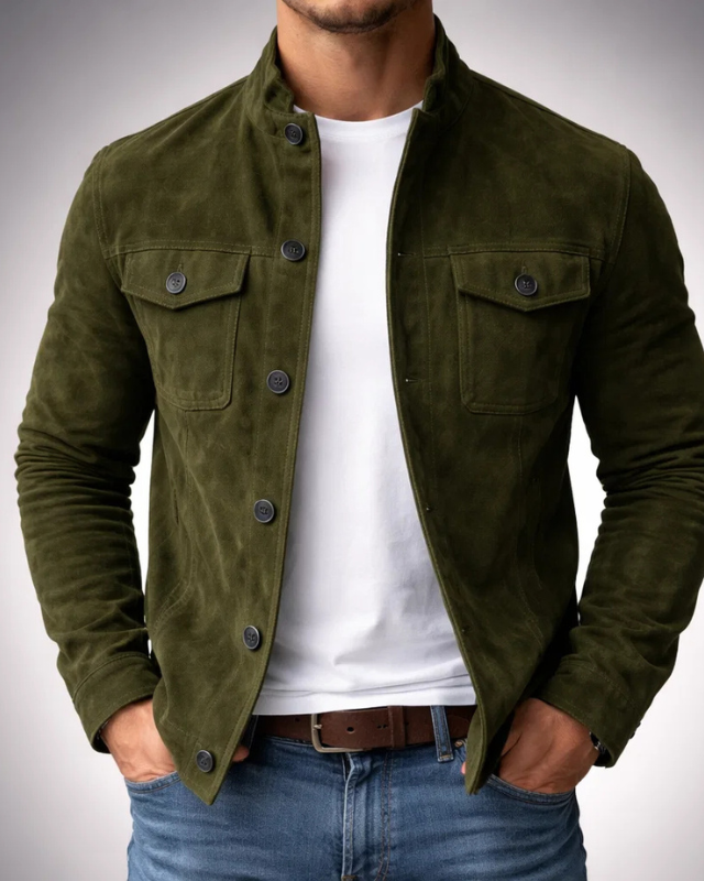 Lumina Wear Monaco structured suede-look utility jacket with button front, featuring a stylish, tailored design and multiple pockets.