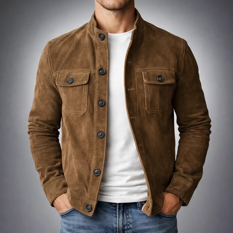 Lumina Wear Monaco structured suede-look utility jacket with button front, featuring a stylish and versatile design.