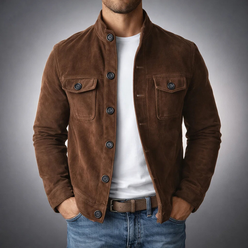 Lumina Wear Monaco structured suede-look utility jacket with button front, featuring multiple pockets and a tailored fit.