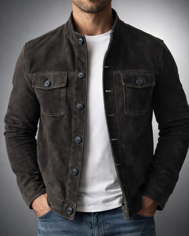Lumina Wear Monaco structured suede-look utility jacket with button front, showcasing a stylish and versatile outerwear design.
