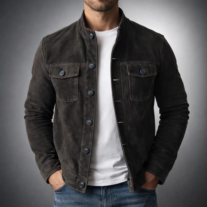 Lumina Wear Monaco structured suede-look utility jacket with button front, featuring multiple pockets and stylish design.