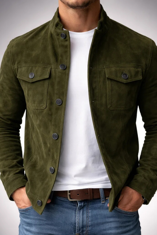 Lumina Wear Monaco structured suede-look utility jacket with flap pockets, featuring a modern design and tailored fit.
