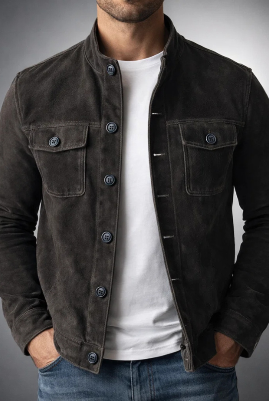 Lumina Wear Monaco structured suede-look utility jacket with flap pockets, featuring a stylish and functional design.