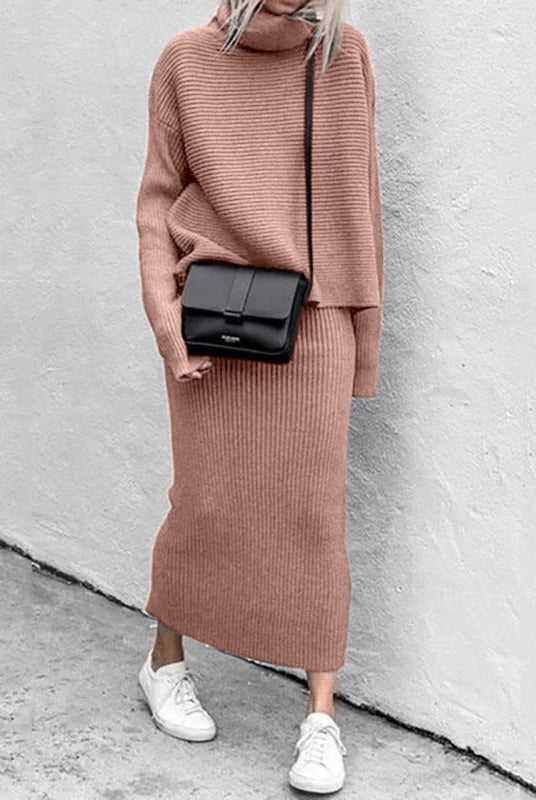 Lumina Wear Natalie relaxed knit pullover and ribbed skirt set for women, shown in a cozy, stylish outfit.