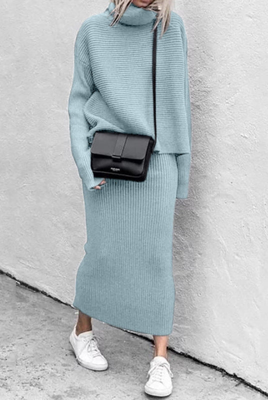 Lumina Wear Natalie relaxed knit pullover and ribbed skirt set for women, displayed on a model in a cozy, casual outfit.