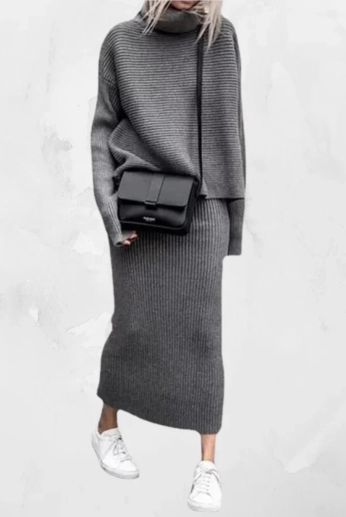 Lumina Wear Natalie relaxed knit pullover and ribbed skirt set for women, shown in a cozy, casual outfit with soft fabric textures.