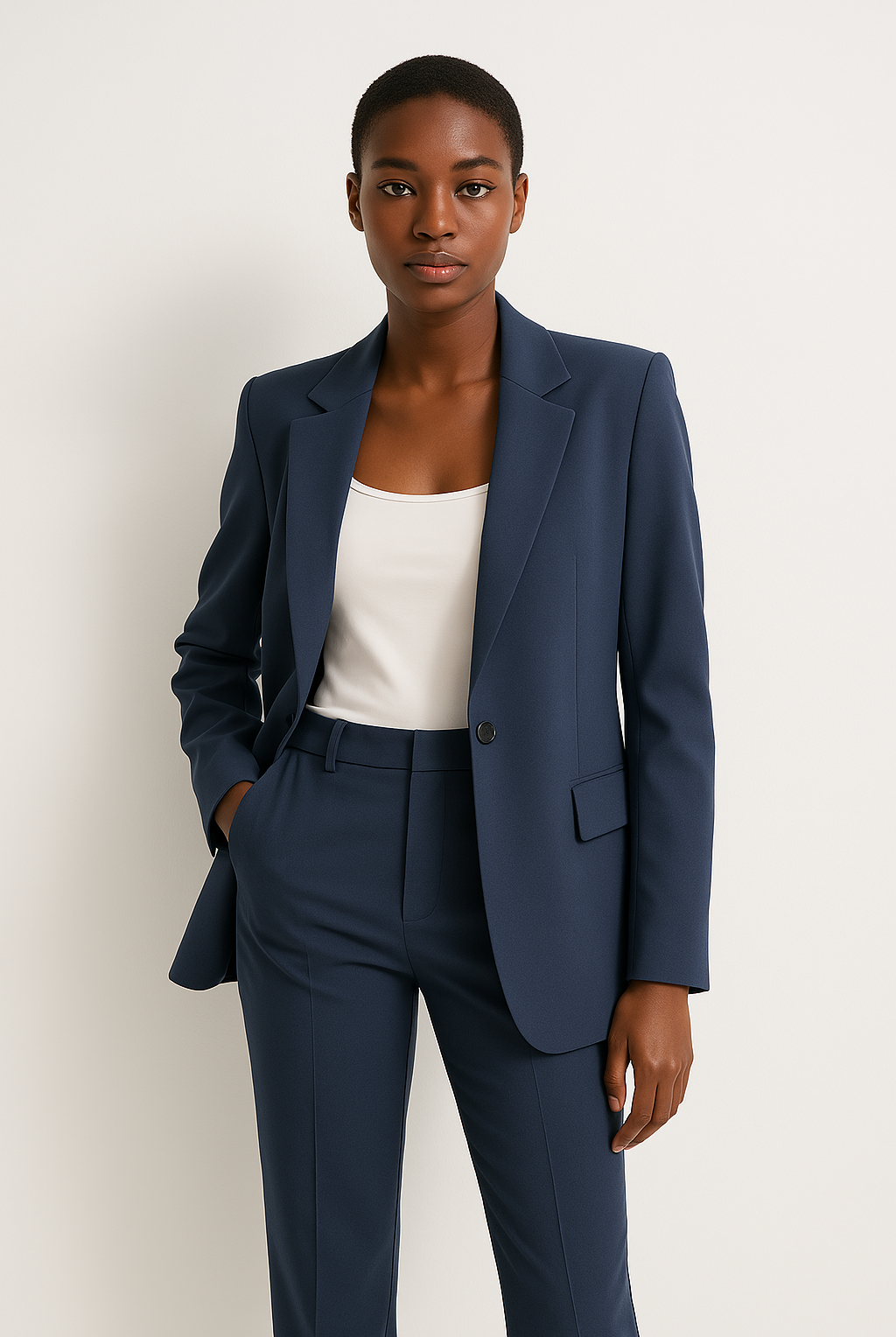 Natalie white tailored pantsuit with straight-leg design from Lumina Wear, featuring a sleek, professional fit and crisp fabric.