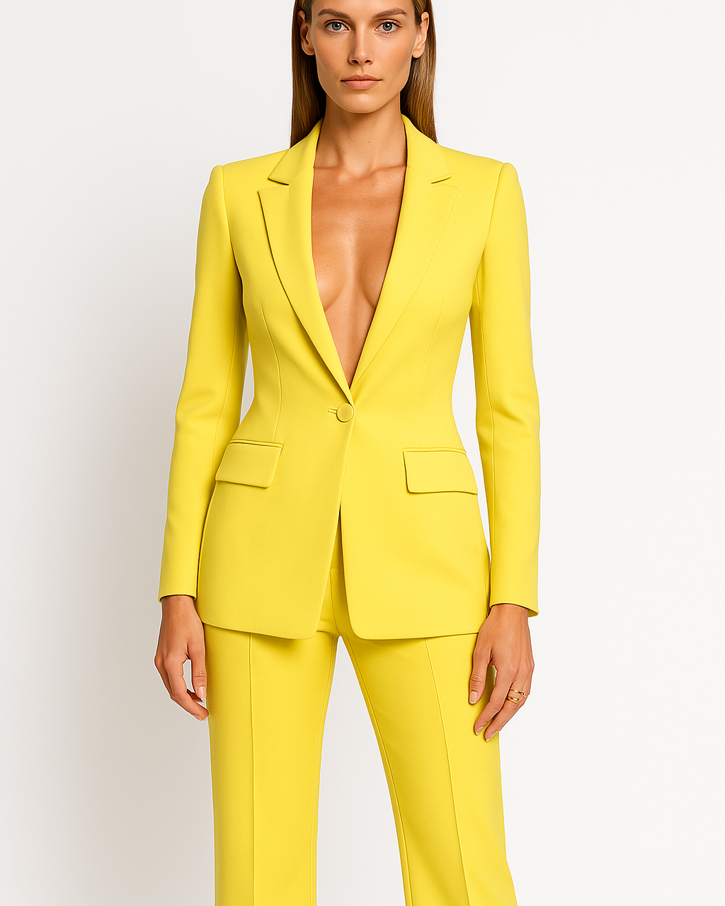 Olivia Lumina Wear tailored trouser suit set with plunging neckline, featuring sleek fabric and stylish design.