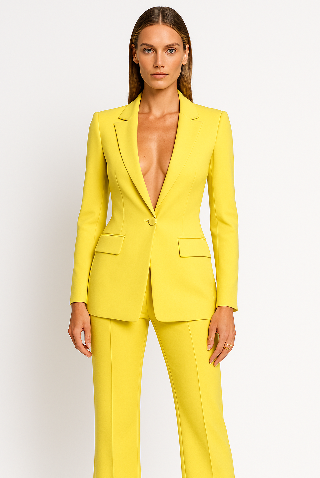 Women's tailored trouser suit set with plunging neckline from Lumina Wear, featuring sleek design and elegant fit.