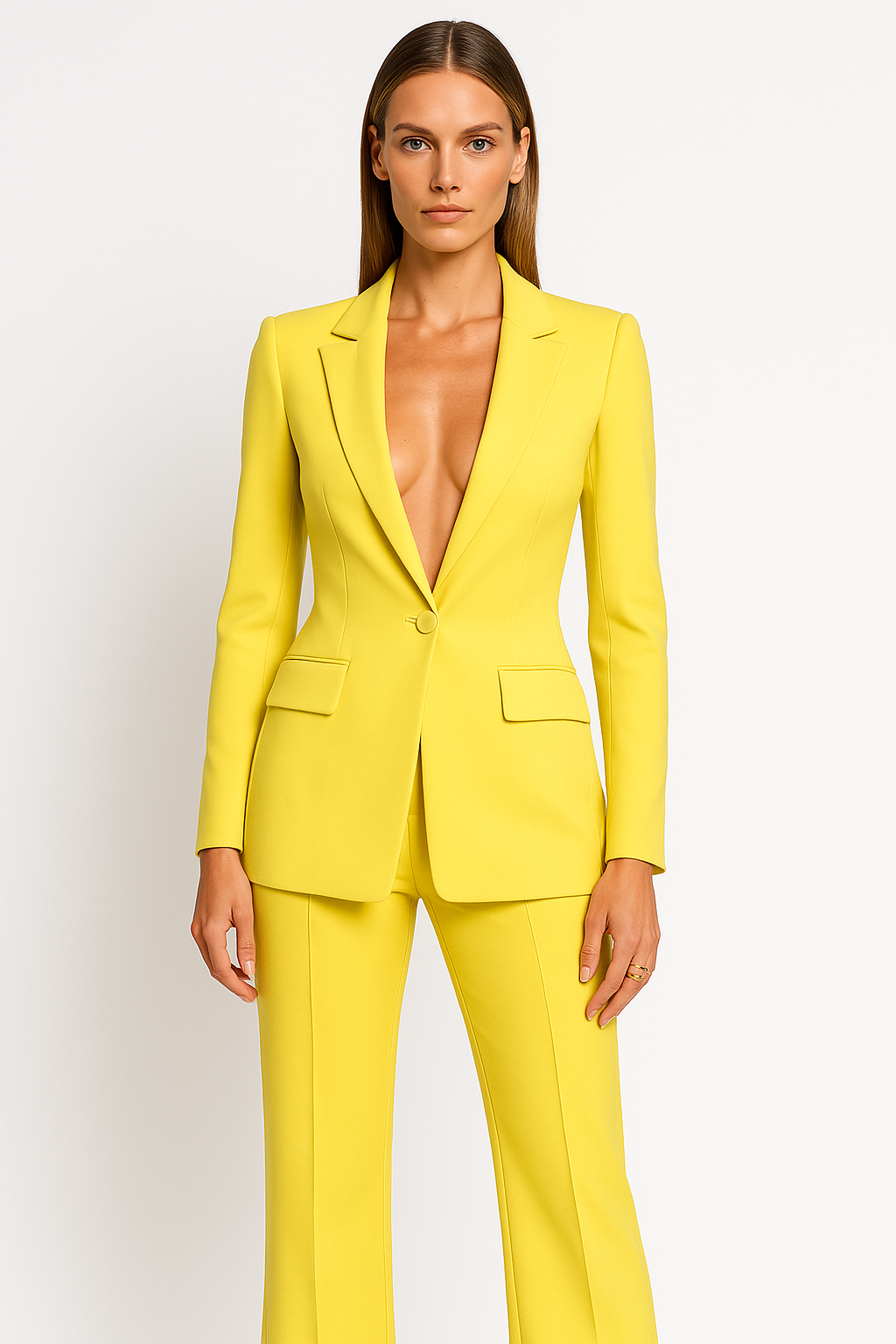 Women's tailored trouser suit set with plunging neckline from Lumina Wear, featuring sleek design and elegant fit.