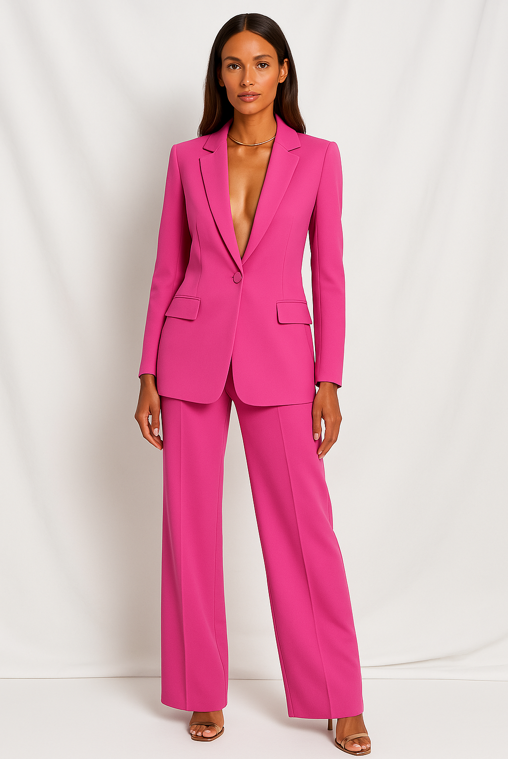Olivia Lumina women's tailored trouser suit set with plunging neckline, stylish formal wear, black fabric, modern design.